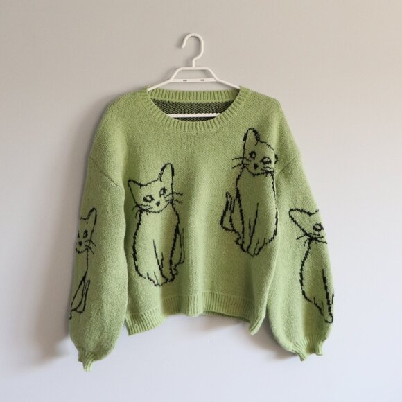 SHEIN Sweaters - Shein Women's Sz 4/S Green Cat Knit Crewneck Drop Shoulder Pullover Sweater